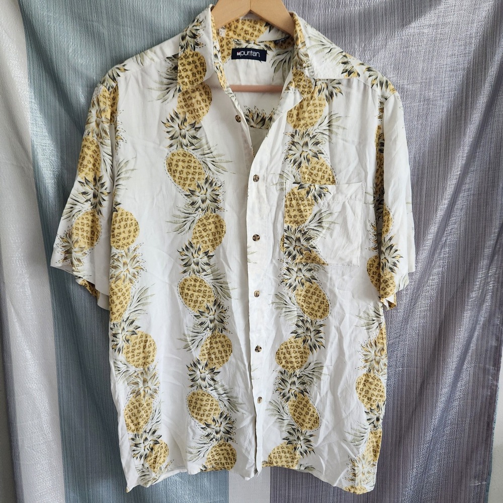 Puritan Mens White Yellow Pineapple Print Viscose Hawaiian Shirt S Resort Cabana